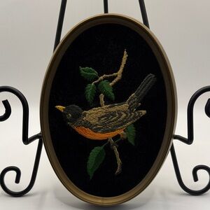 Embroidered Bird Wall Art with Black and Orange Accents